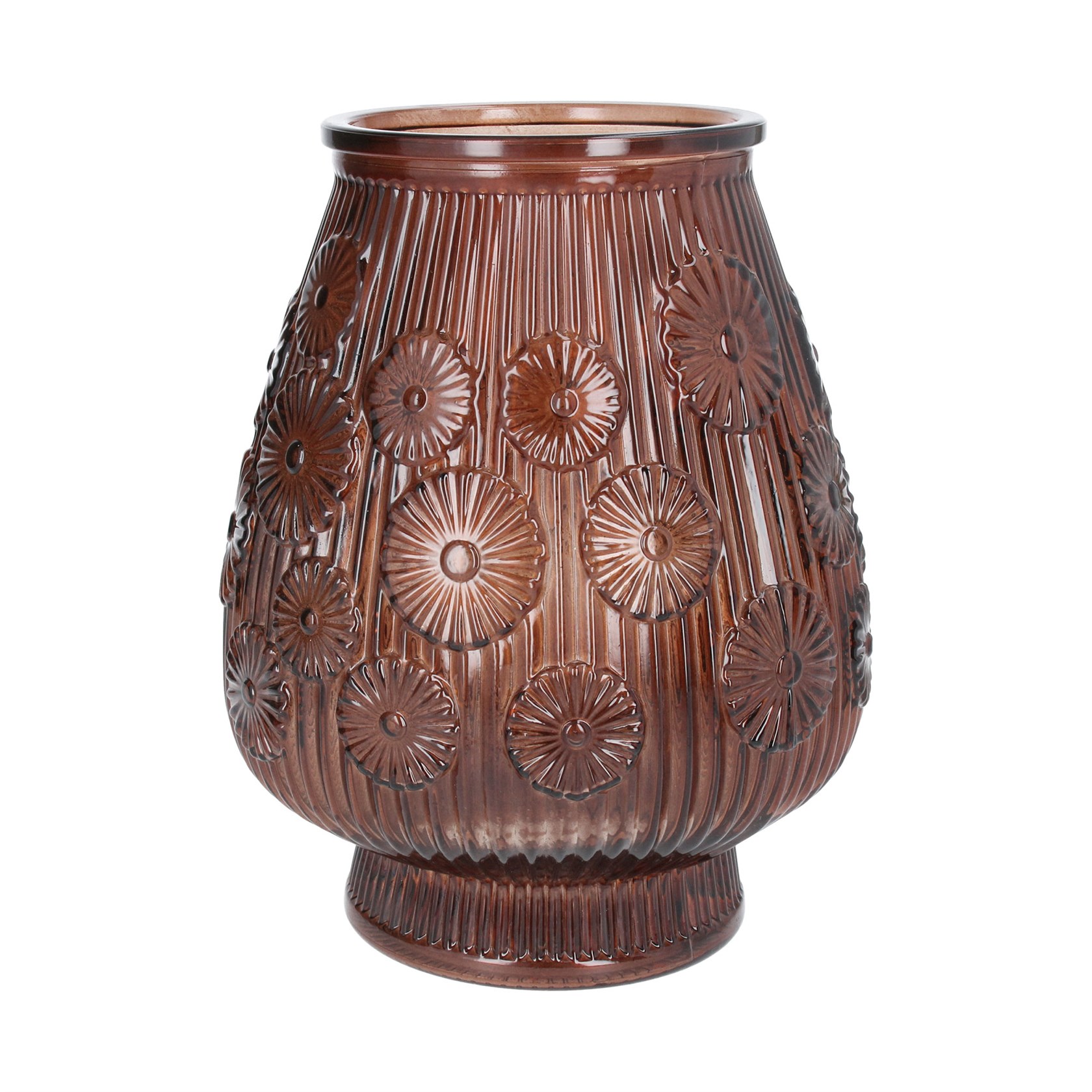 A large dark amber coloured glass vase with all over floral design. The perfect addition to your home or the perfect gift for yourself or a loved one. By London Designer Gisela Graham.